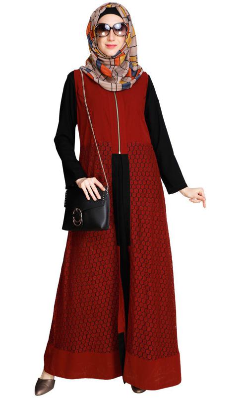 Lace Jacket Maroon Abaya