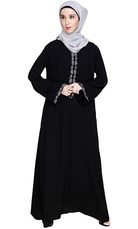 Lotus Embroidered Black Dubai Style Abaya