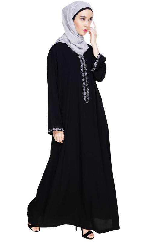 Lotus Embroidered Black Dubai Style Abaya (Made-To-Order)