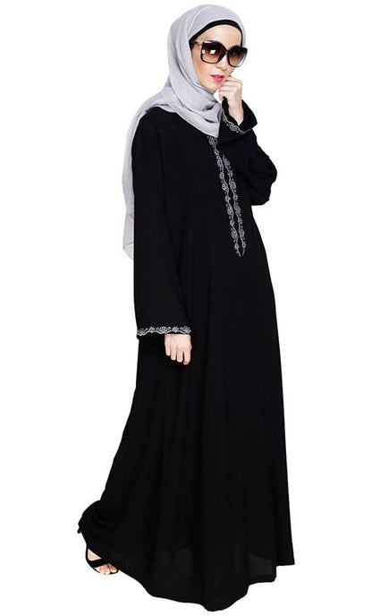 Lotus Embroidered Black Dubai Style Abaya (Made-To-Order)