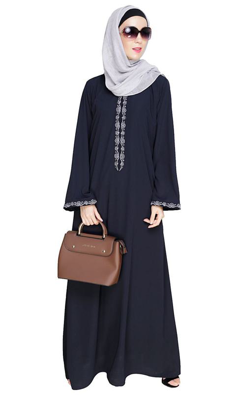 Lotus Embroidered Blue Dubai Style Abaya