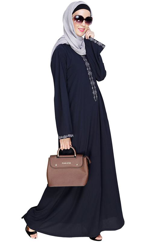 Lotus Embroidered Blue Dubai Style Abaya