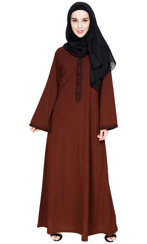 Lotus Embroidered Brown Dubai Style Abaya