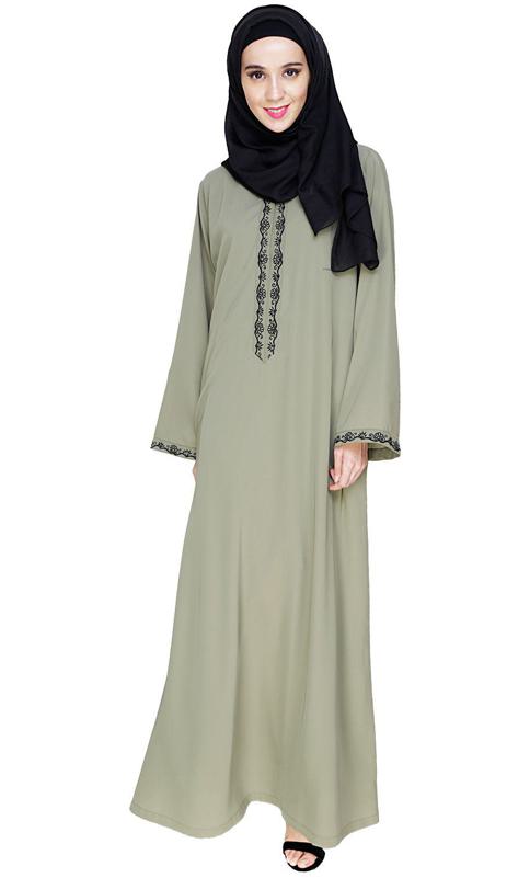 Lotus Embroidered Dead Mint Dubai Style Abaya