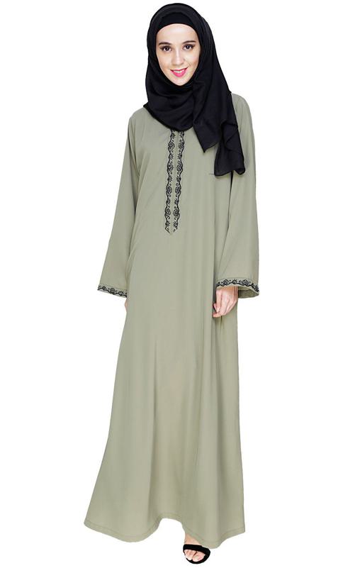 Lotus Embroidered Dead Mint Dubai Style Abaya (Made-To-Order)