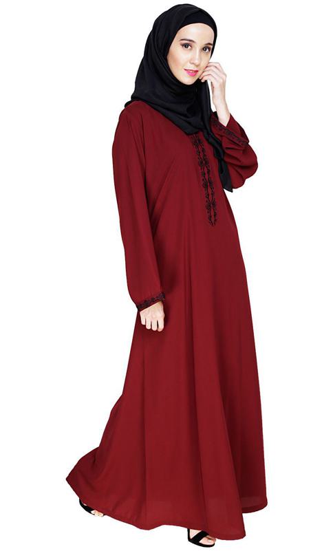 Lotus Embroidered Wine Dubai Style Abaya