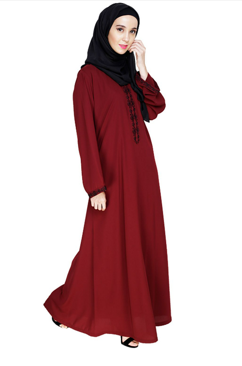 Lotus Embroidered Wine Dubai Style Abaya (Made-To-Order)