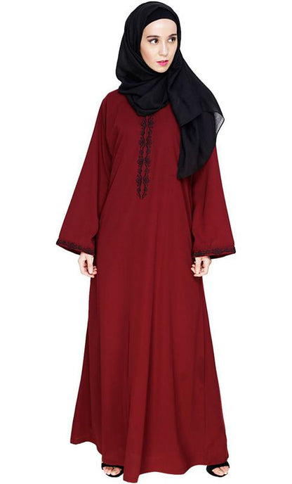 Lotus Embroidered Wine Dubai Style Abaya