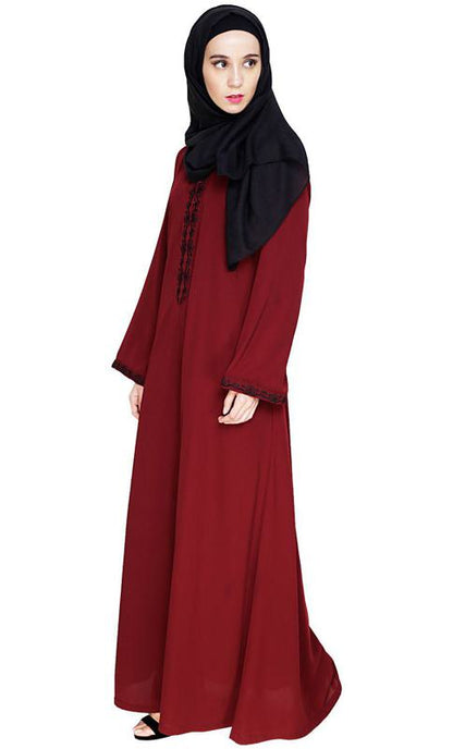 Lotus Embroidered Wine Dubai Style Abaya