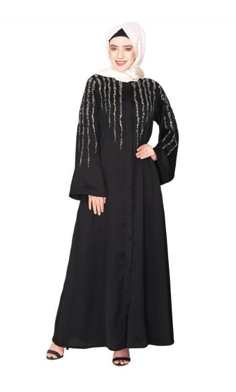 Luxurious Front Open Black Abaya With Dazzling Stones In A Flowing Pattern