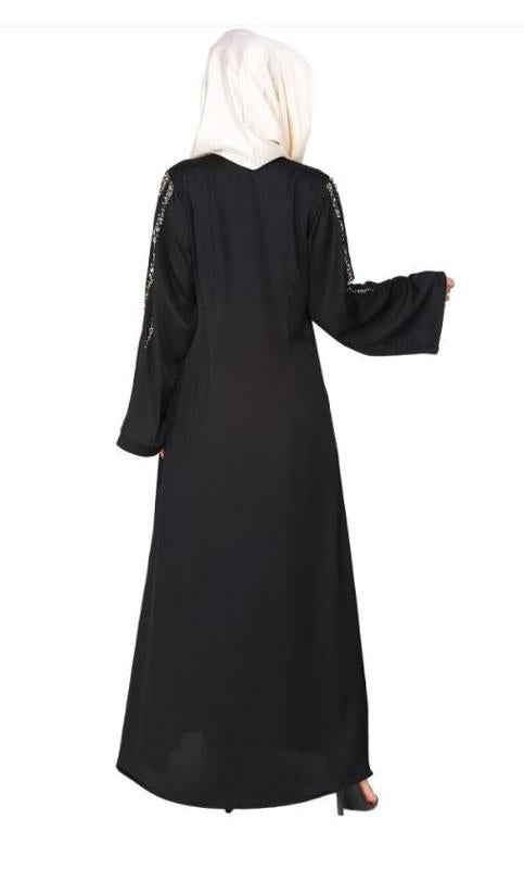 Luxurious Front Open Black Abaya With Dazzling Stones In A Flowing Pattern