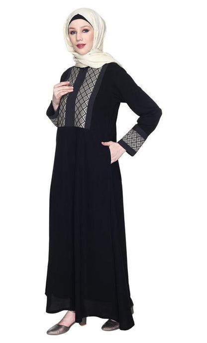 Magnificent Black Abaya With Gleaming Yolk And Sleeves (Made-To-Order)