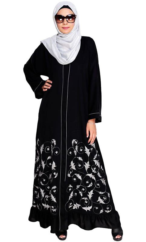 Magnificent Black Gathers Embroidered Dubai Style Abaya