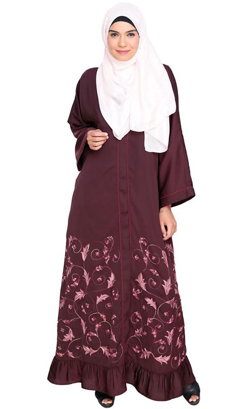 Magnificent Deep Wine Gathers Embroidered Dubai Style Abaya (Made-To-Order)