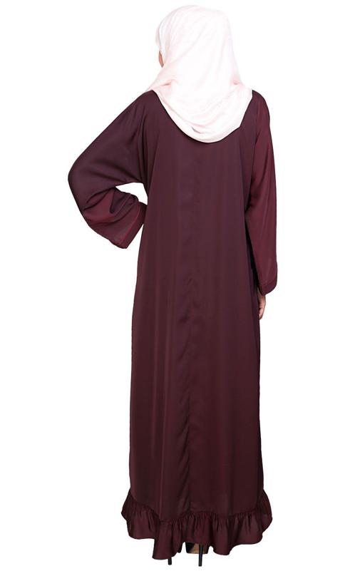 Magnificent Deep Wine Gathers Embroidered Dubai Style Abaya (Made-To-Order)