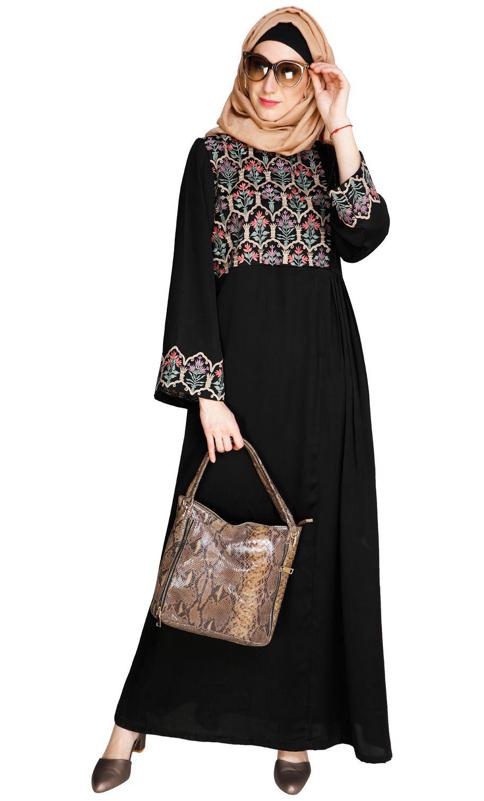 Majorelle Floral Black Pleated Abaya (Made-To-Order)