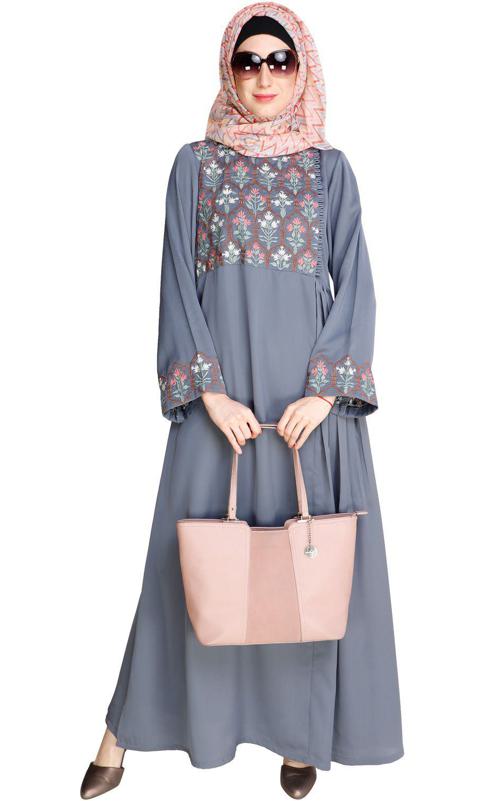 Majorelle Floral Blue Pleated Abaya