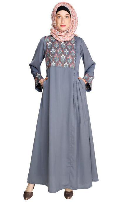 Majorelle Floral Blue Pleated Abaya (Made-To-Order)