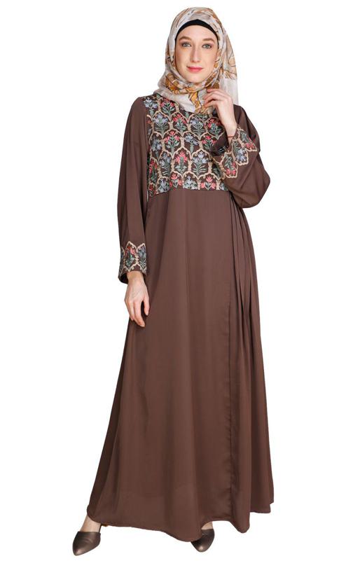 Majorelle Floral Oak Brown Pleated Abaya (Made-To-Order)