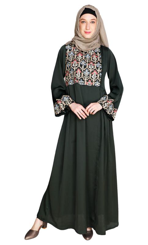 Majorelle Floral Olive Green Pleated Abaya (Made-To-Order)