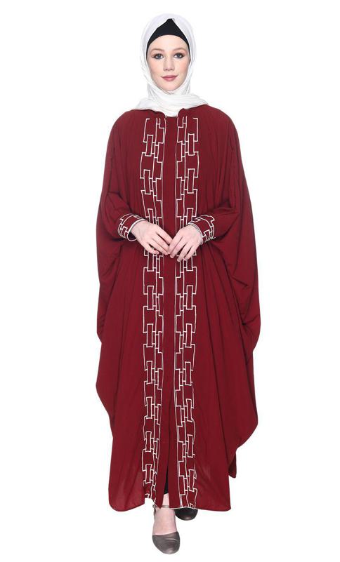 Maroon And White Dimensional Design Embroidered Kaftan (Made-To-Order)