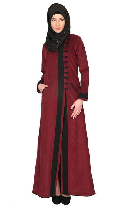 Maroon Velvet Corduroy Coat Style Abaya (Made-To-Order)