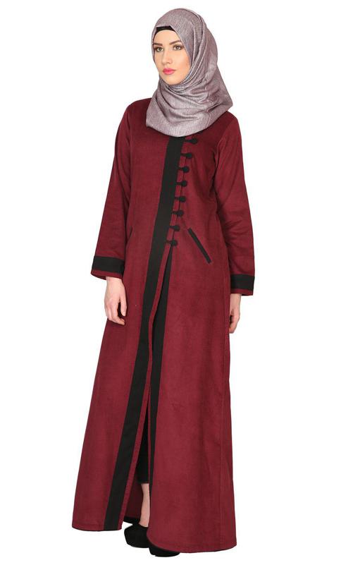 Maroon Velvet Corduroy Coat Style Abaya (Made-To-Order)