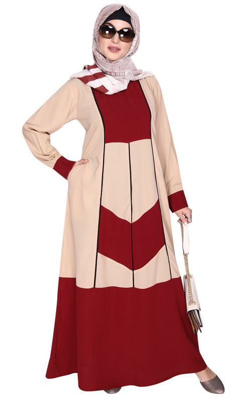 Maroon and Beige Symmetrical Design Abaya
