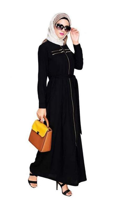 Metallic Sheen Front Zipper Black Abaya (Made-To-Order)