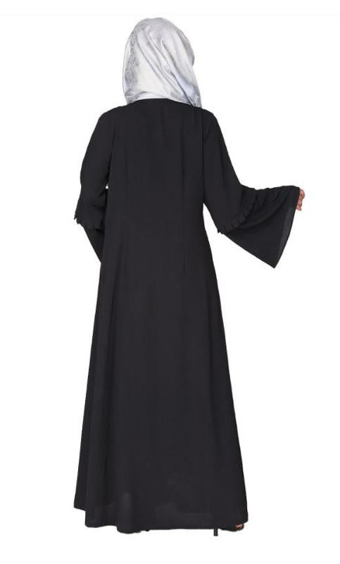 Modish Box Pleated Black Abaya With Conventional Bell Sleeves