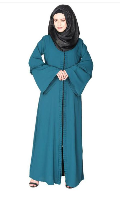 Modish Box Pleated Green Abaya With Conventional Bell Sleeves