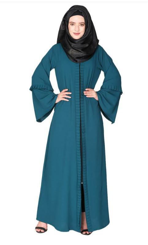 Modish Box Pleated Green Abaya With Conventional Bell Sleeves