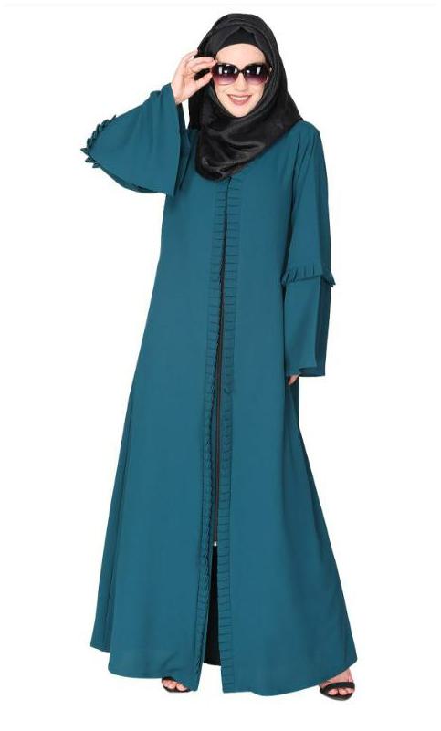 Modish Box Pleated Green Abaya With Conventional Bell Sleeves