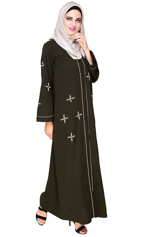 Newfangled Pearl Embroidered Olive Abaya