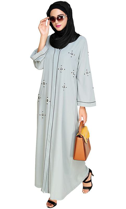 Newfangled Pearl Embroidered Sage Green Abaya