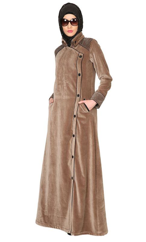 Oak Colored Velvet Coat Style Abaya