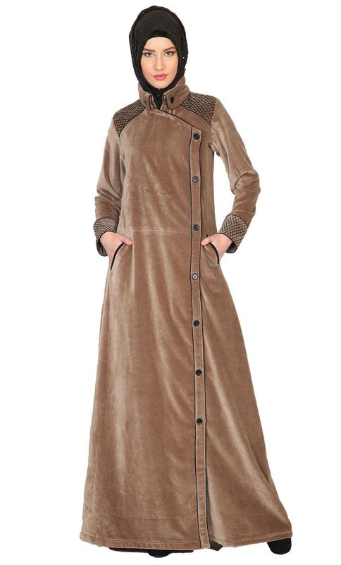 Oak Colored Velvet Coat Style Abaya