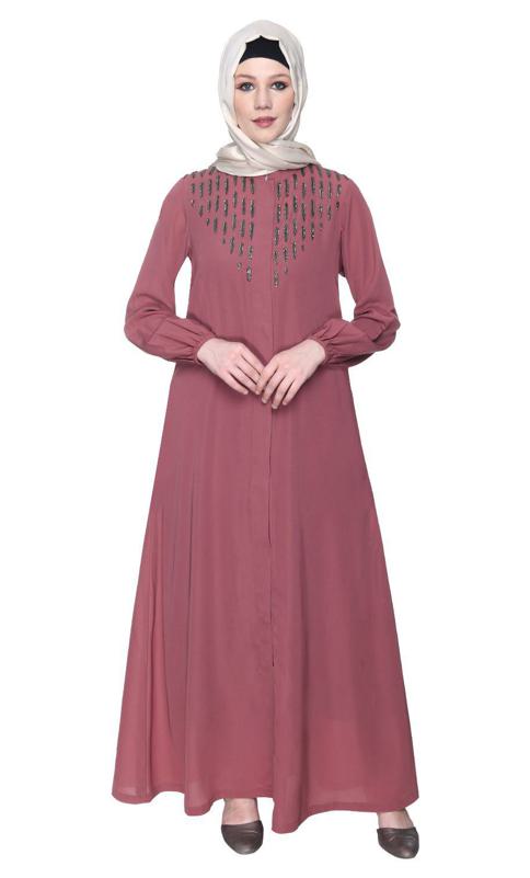 Onion Pink Abaya With Flashy Metallic Beads Embroidery (Made-To-Order)