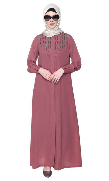 Onion Pink Abaya With Flashy Metallic Beads Embroidery