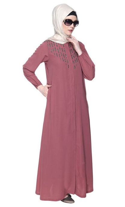 Onion Pink Abaya With Flashy Metallic Beads Embroidery (Made-To-Order)