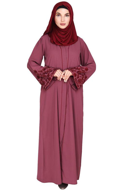 Onion Pink Abaya With Thread Embroidery