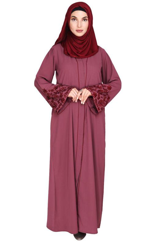Onion Pink Abaya With Thread Embroidery (Made-To-Order)