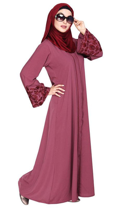 Onion Pink Abaya With Thread Embroidery