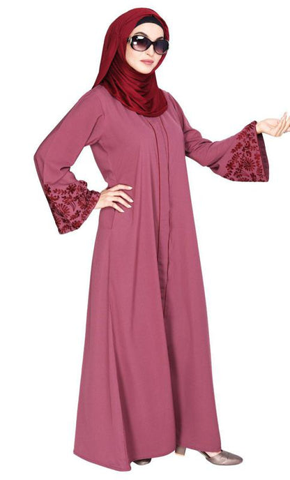 Onion Pink Abaya With Thread Embroidery