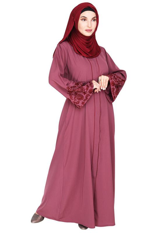 Onion Pink Abaya With Thread Embroidery