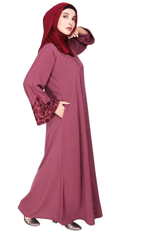 Onion Pink Abaya With Thread Embroidery