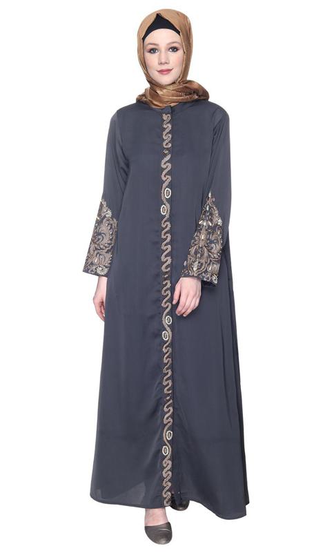 Opulent Hand Embroidered Dark Grey Luxury Abaya (Made-To-Order)