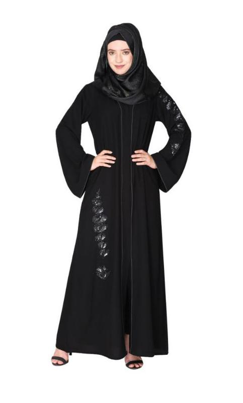 Opulent Hand Embroidered Front Open Black Abaya With A Unique Twisted Motif Of Sparkling Sequins