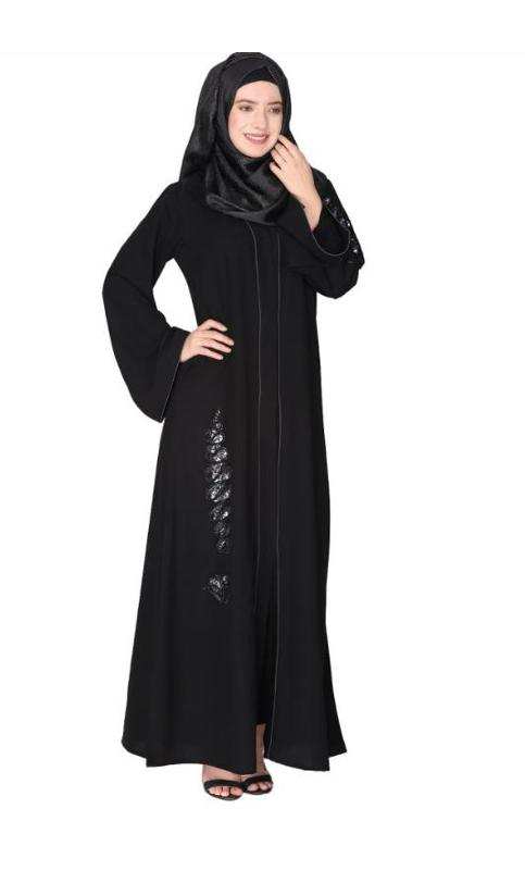 Opulent Hand Embroidered Front Open Black Abaya With A Unique Twisted Motif Of Sparkling Sequins