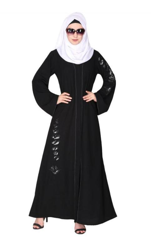 Opulent Hand Embroidered Front Open Black Abaya With A Unique Twisted Motif Of Sparkling Sequins